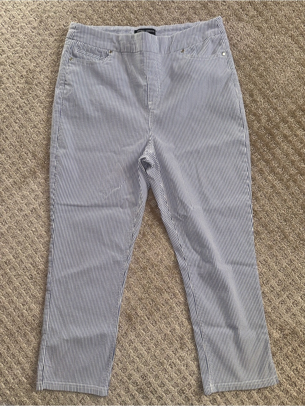 Mario Serrani Blue White Pinstripe Pull-On Ankle Pants Stretch Size L
